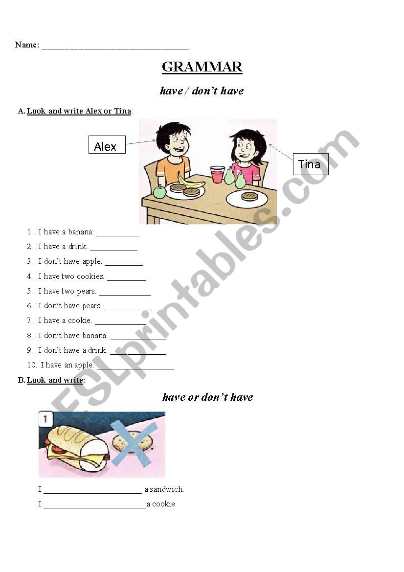 Have or DonÂ´t have worksheet