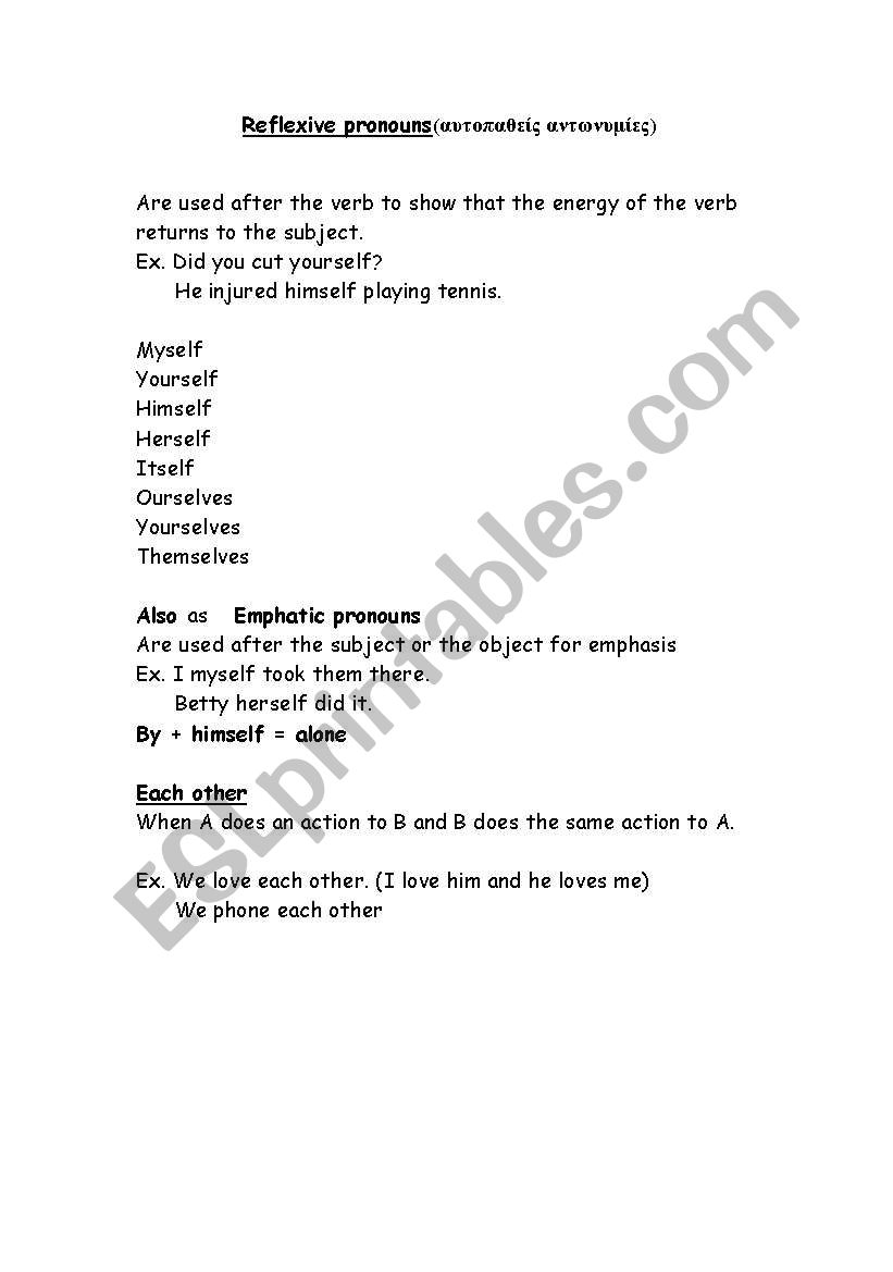 reflexive pronouns worksheet