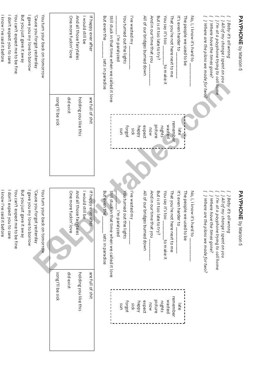 Payphone by Maroon 5 worksheet