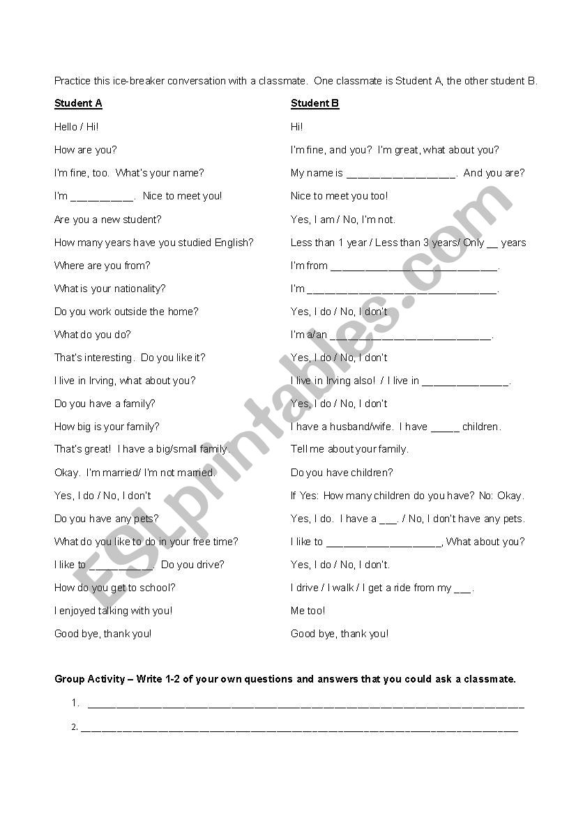 First day of class Intro Questions and Answers