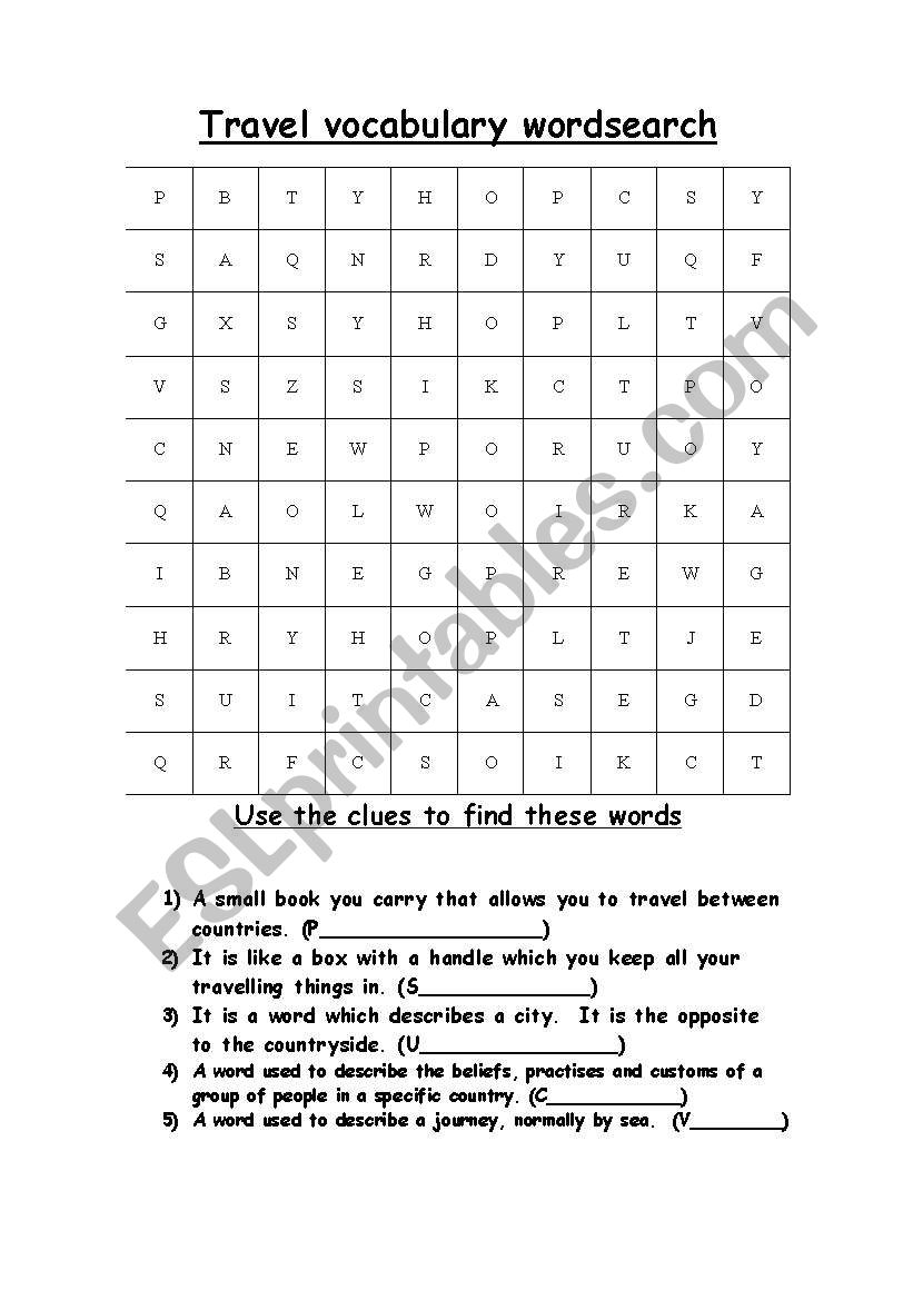 Mini travel wordsearch worksheet