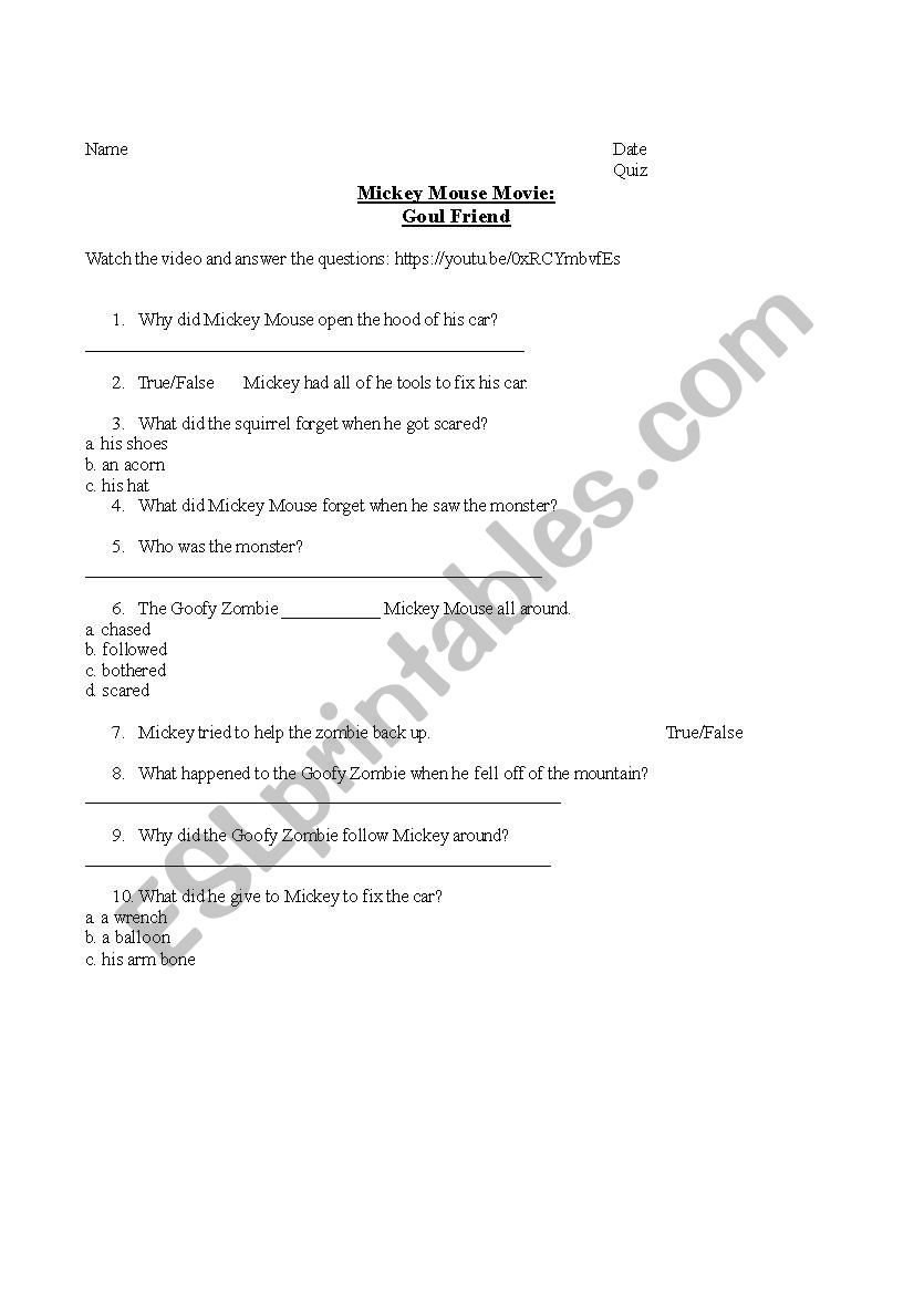 Listening Activity - Mickey Mouse (Ghoul Friend) Video Worksheet