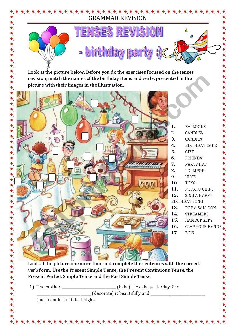 GRAMMAR REVISION - tense miscellaneous - birthday party