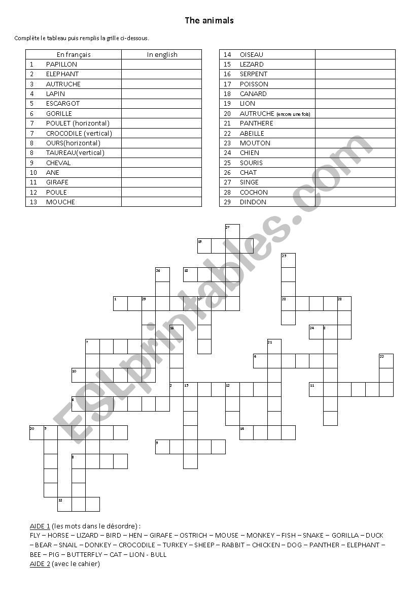 animals crosswords worksheet