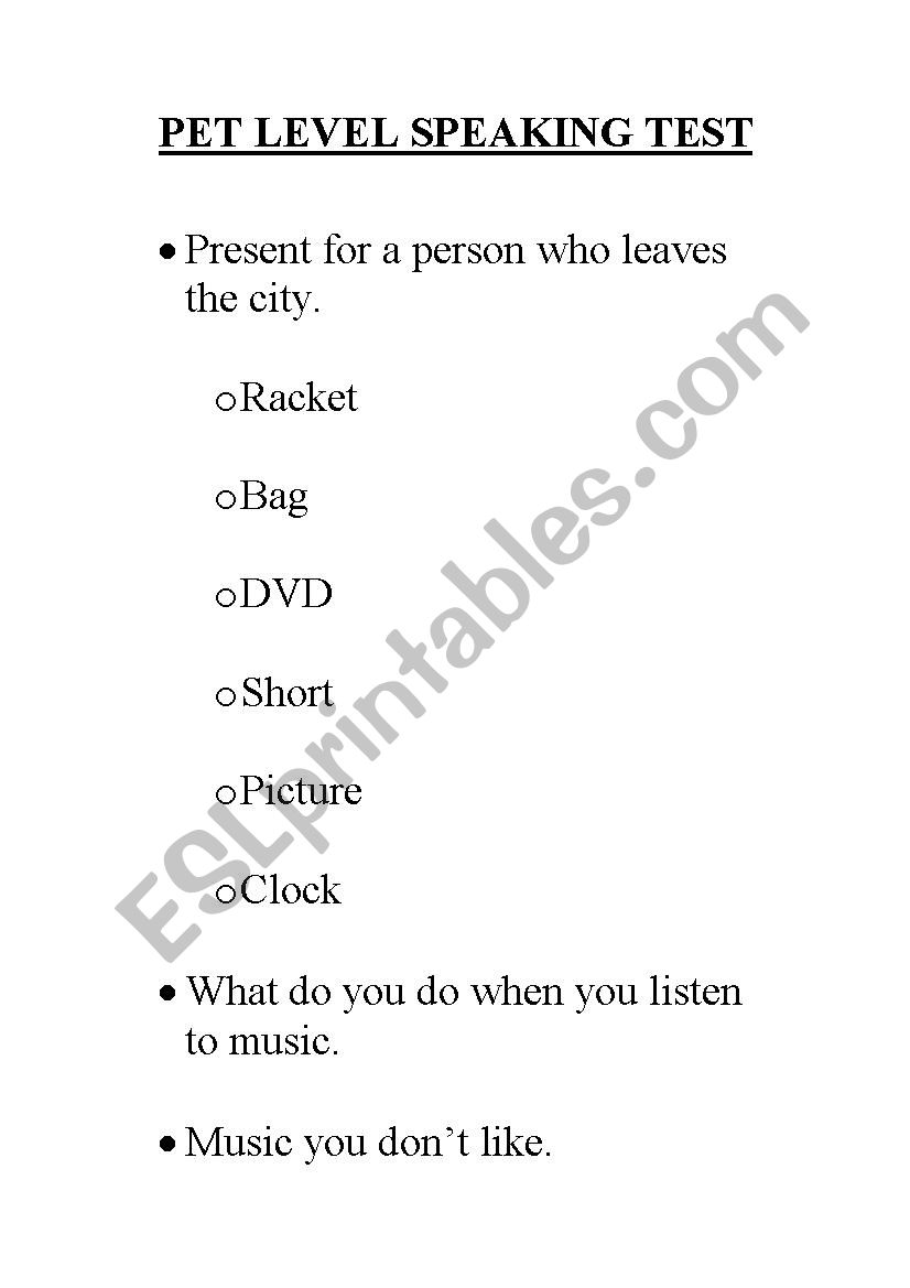 Pet Level Speaking Test worksheet