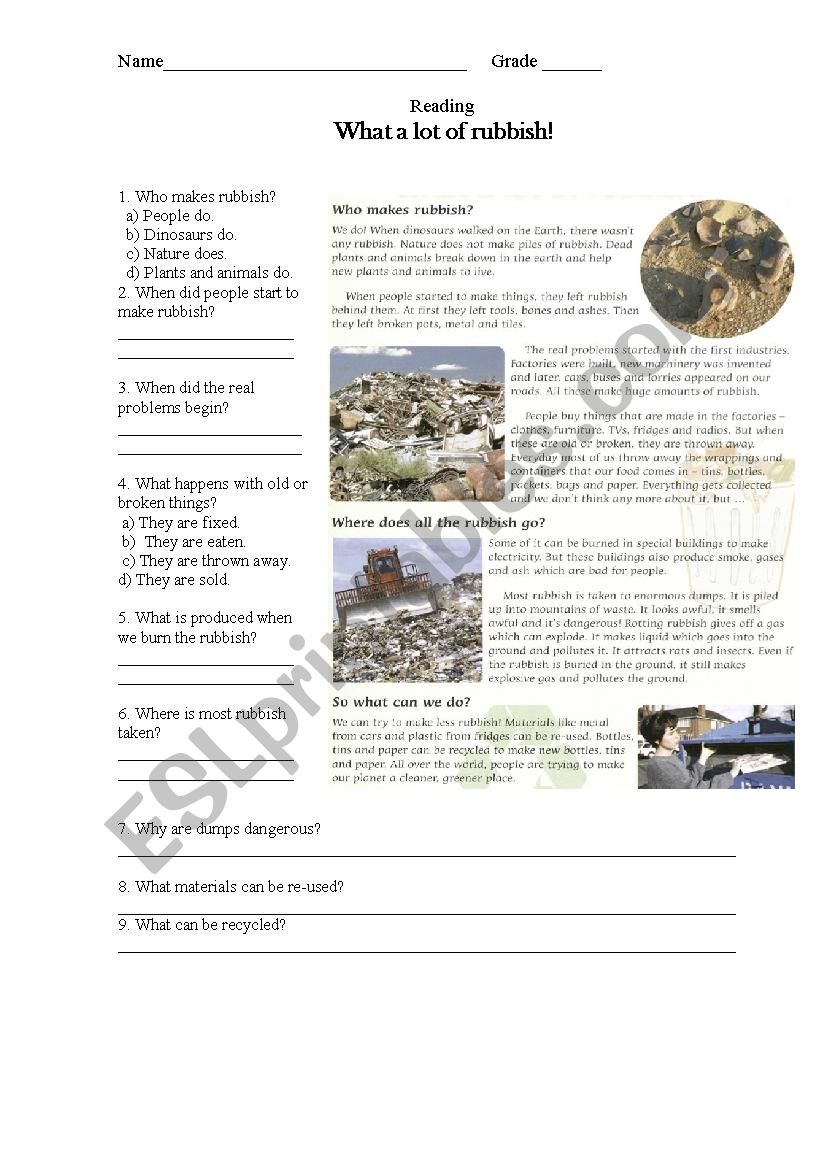 Rubbish worksheet