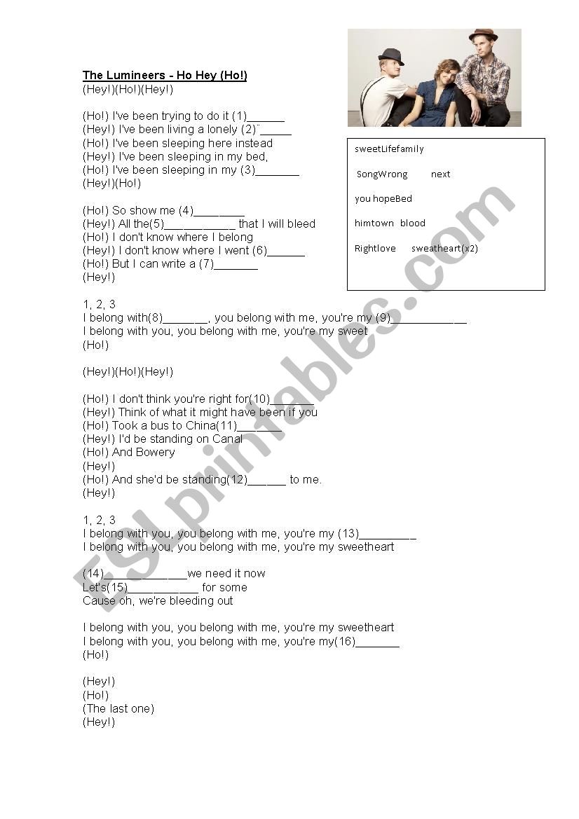 Ho  Hey Song by The Lumineers worksheet