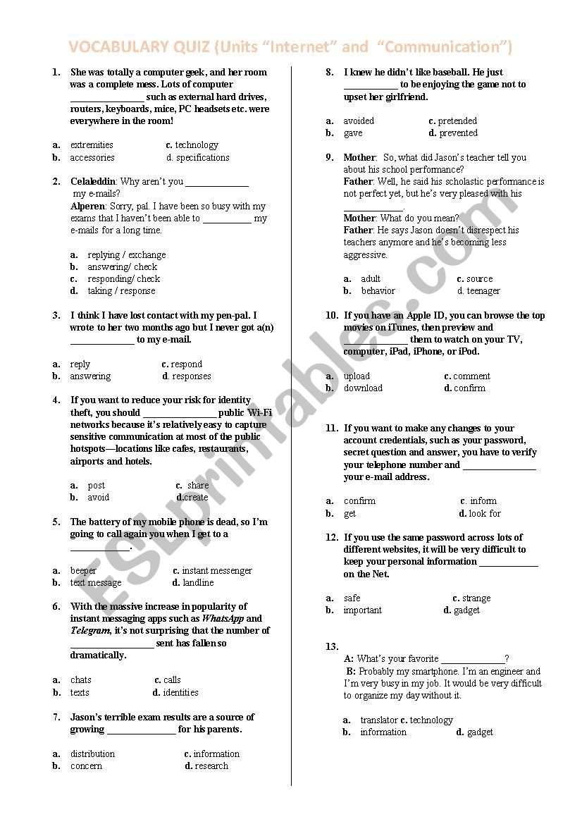 TEOG VOCABULARY QUIZ (Units 4/5 Internet and  Communication) 