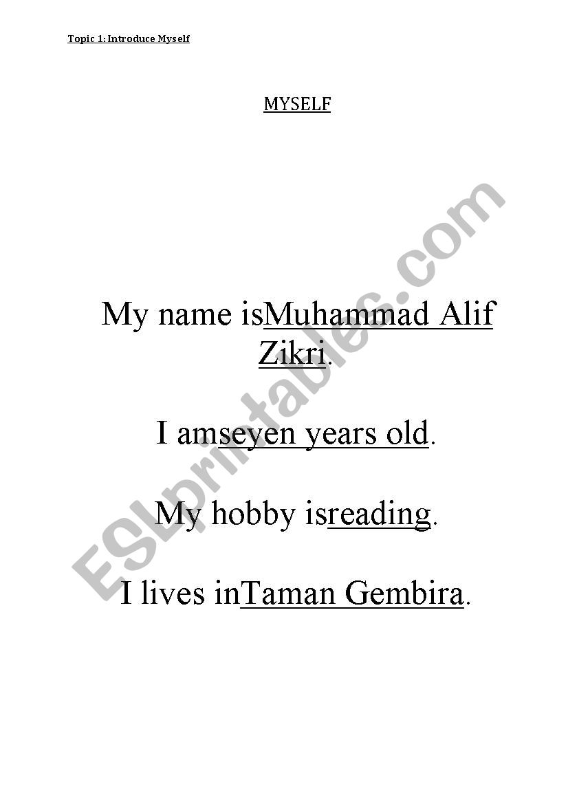 myself worksheet