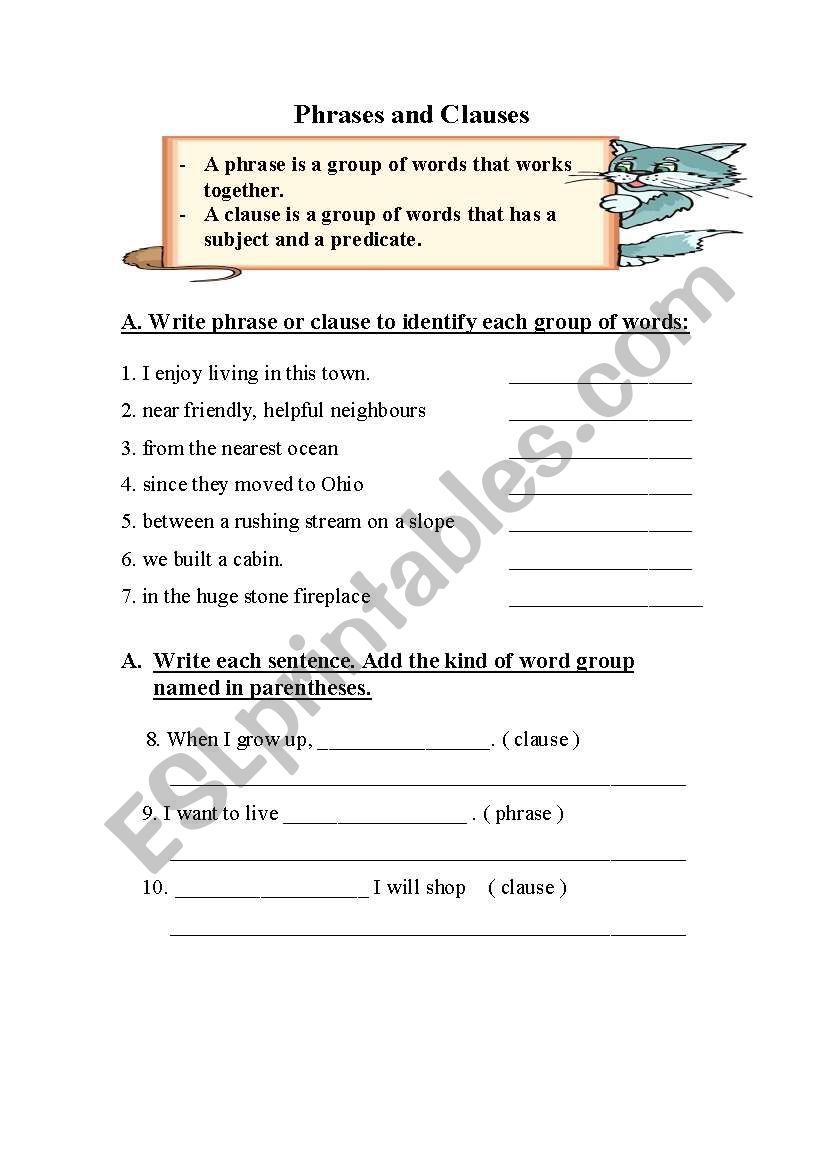 English worksheets: phrases and clauses For Phrase And Clause Worksheet