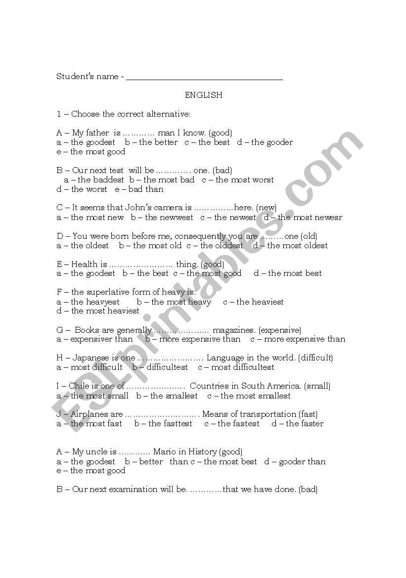 Comparative/superlative test worksheet