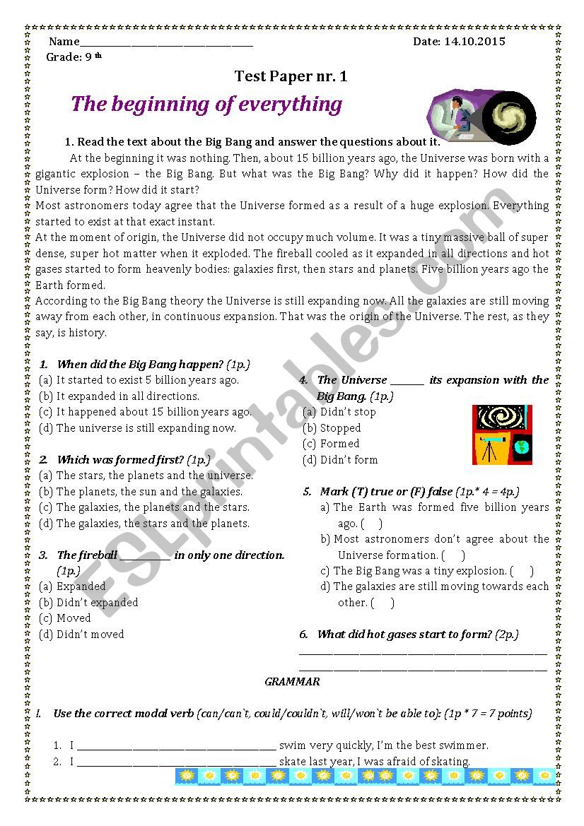 Test Paper nr. 1, 9 form worksheet
