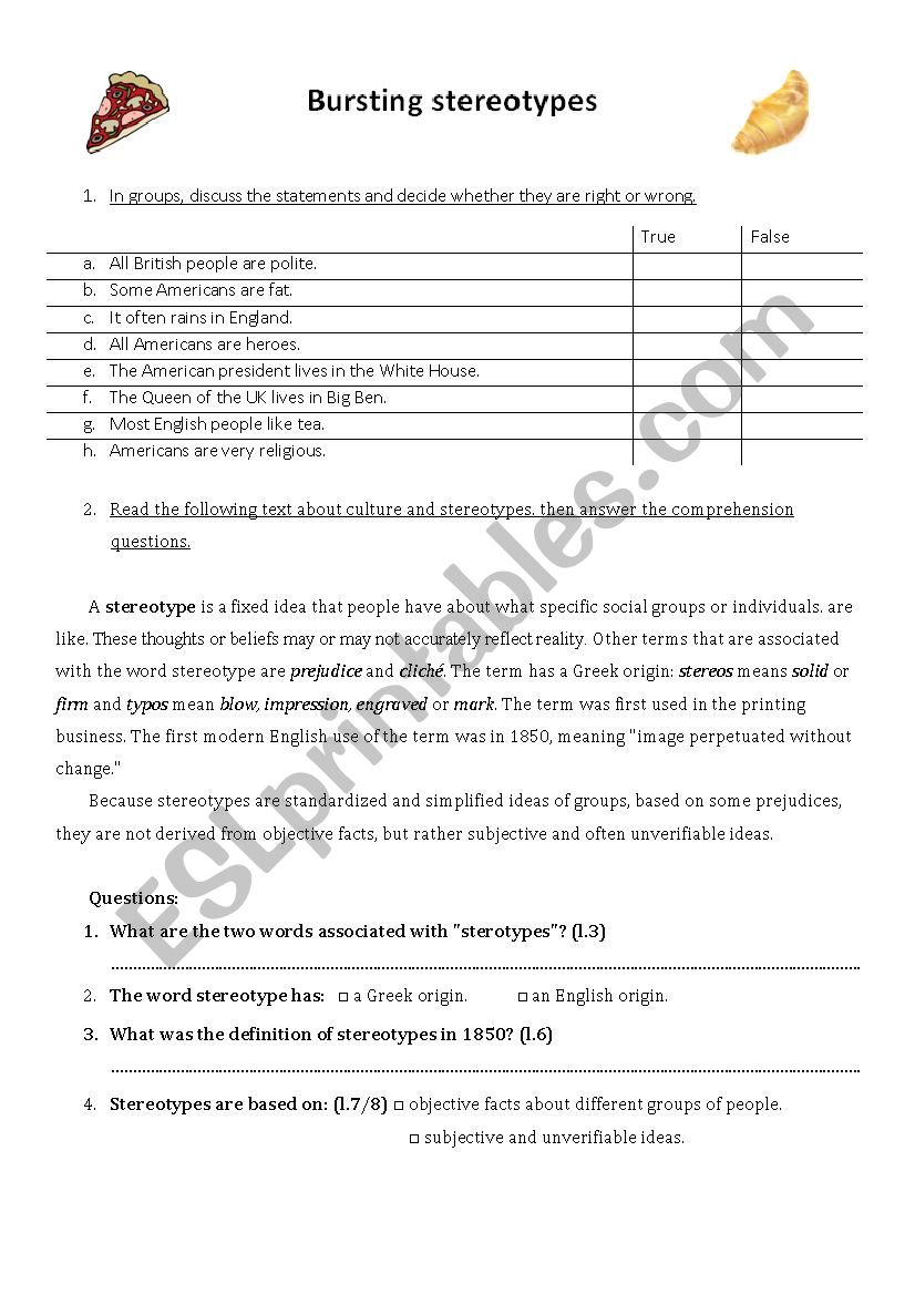 Bursting stereotypes worksheet