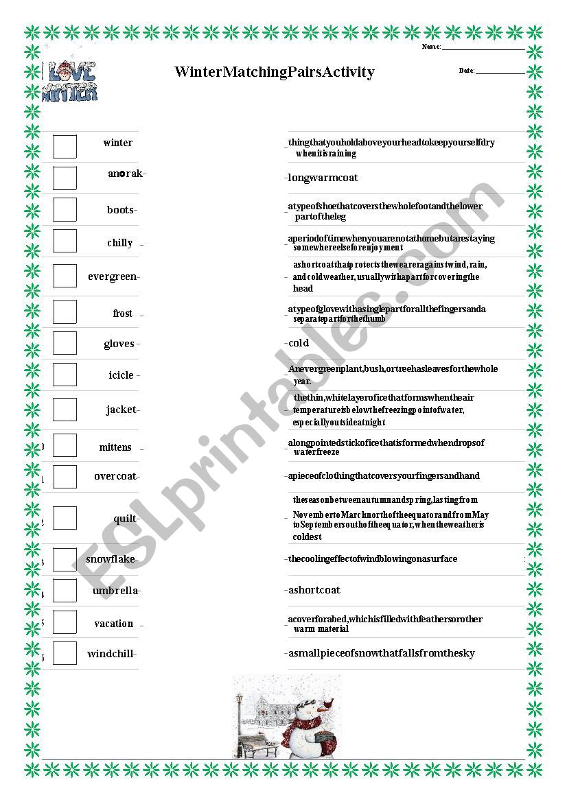 Winter Matching Pairs Activity