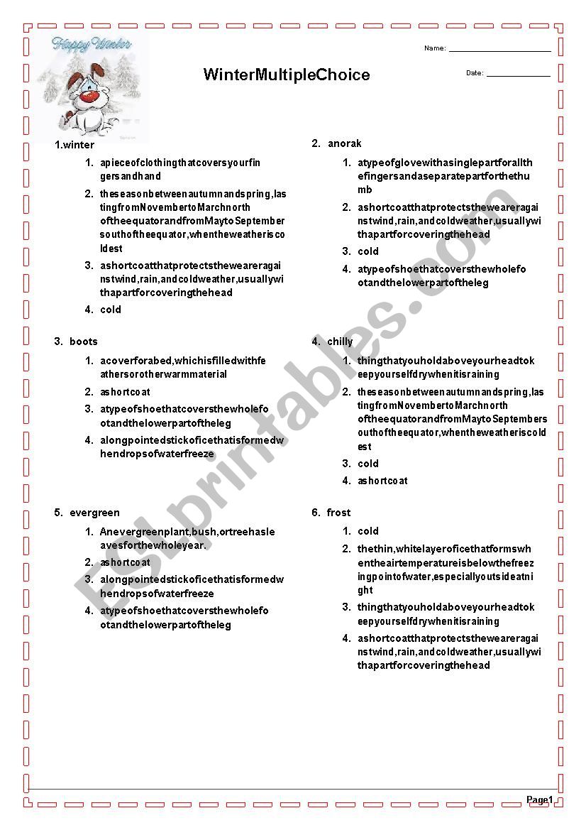 Winter Multiple Choice worksheet