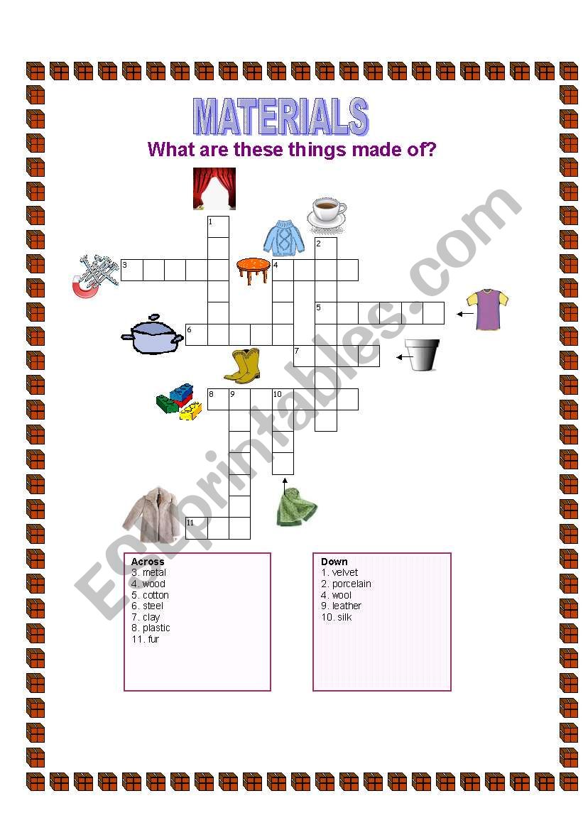 Materials crossword worksheet
