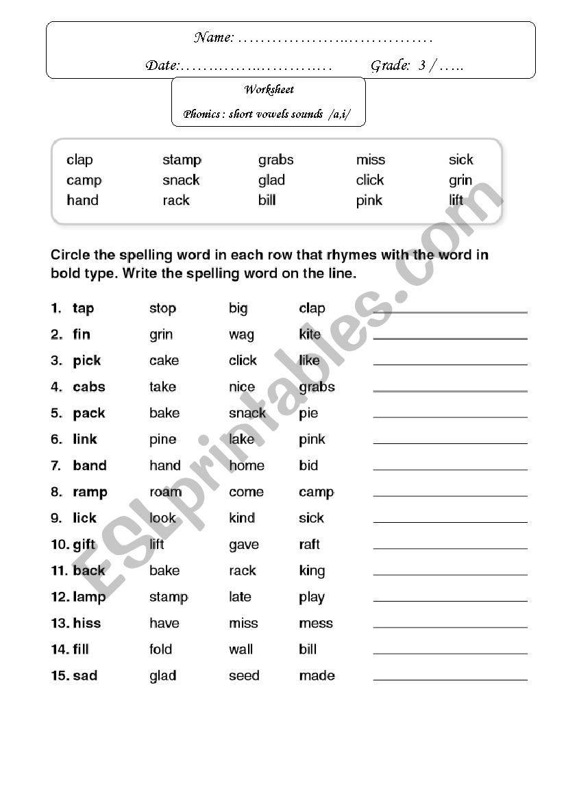 Short vowel sound a,i worksheet