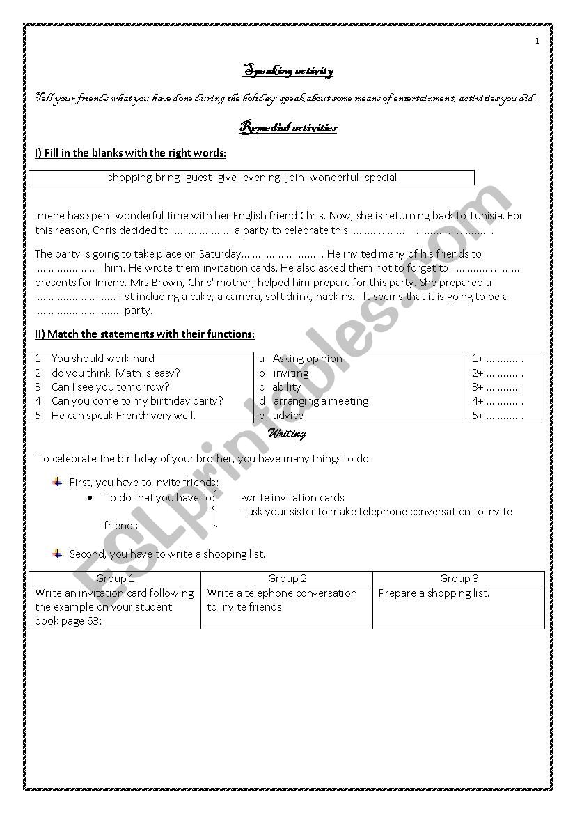 speakin, writing, and grammar activities (Third hour): 8th year