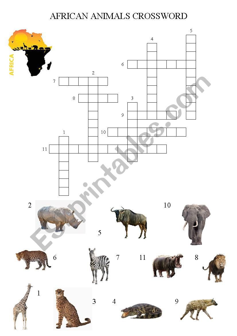 African Animals Crossword with key