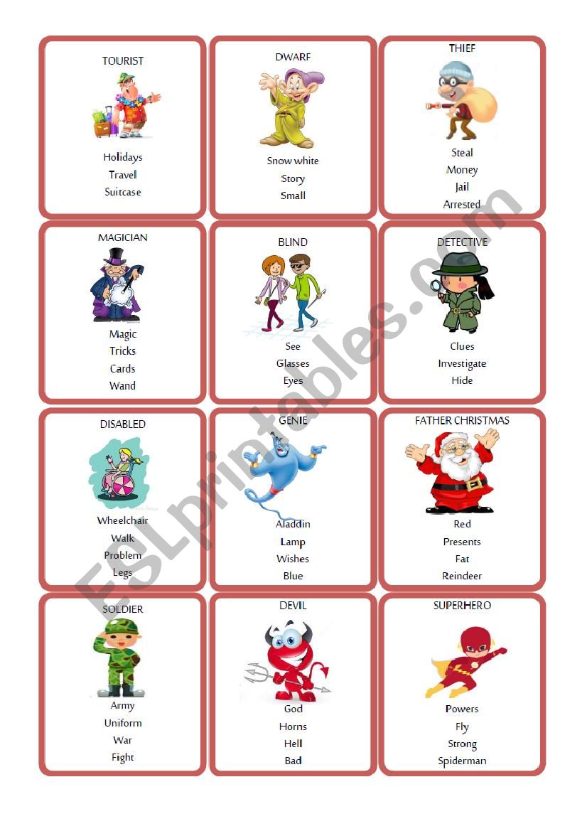 tabu cards - characters worksheet