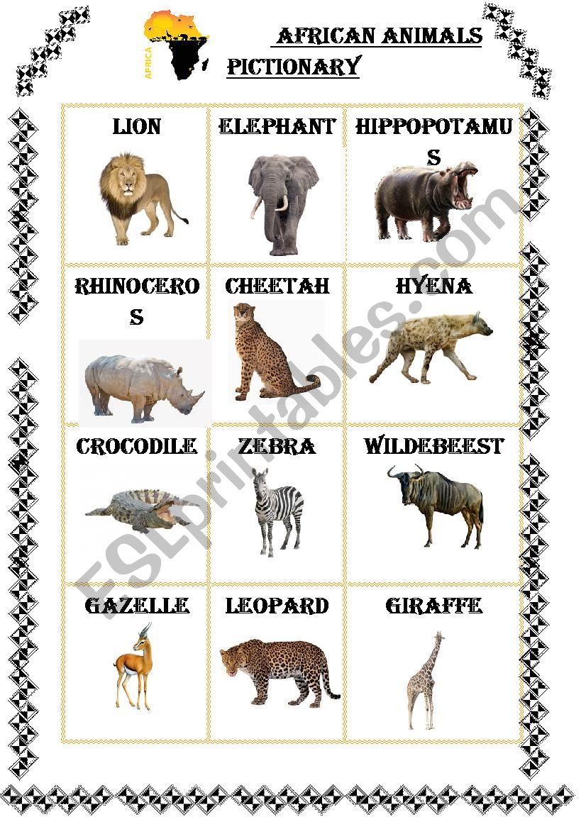 African Animals Pictionary worksheet