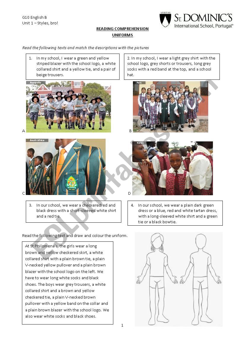 school uniforms - reading worksheet