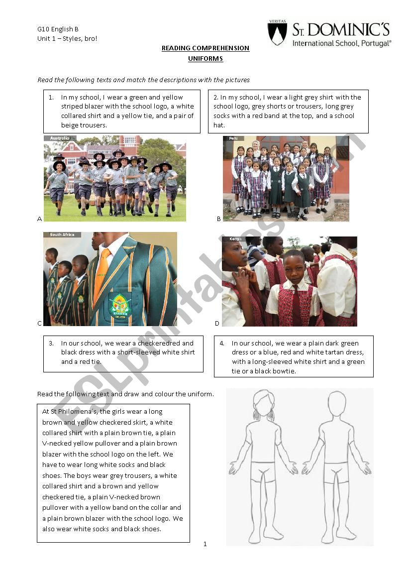 school uniforms - reading worksheet
