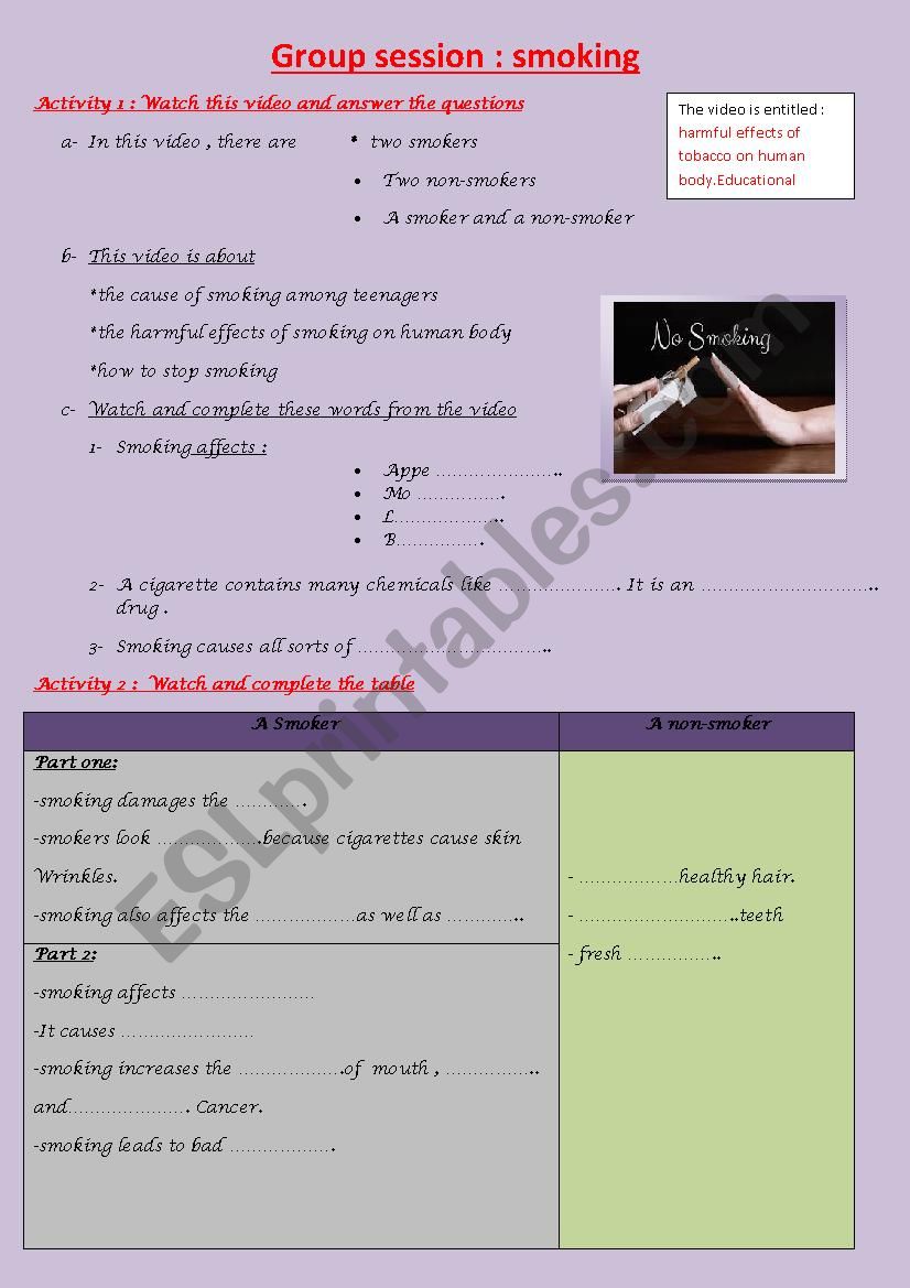 SMOKING AND HEALTH worksheet