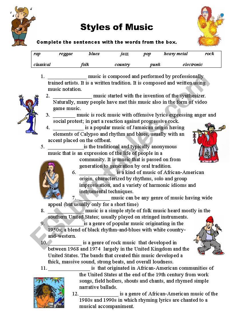 Styles  of Music worksheet