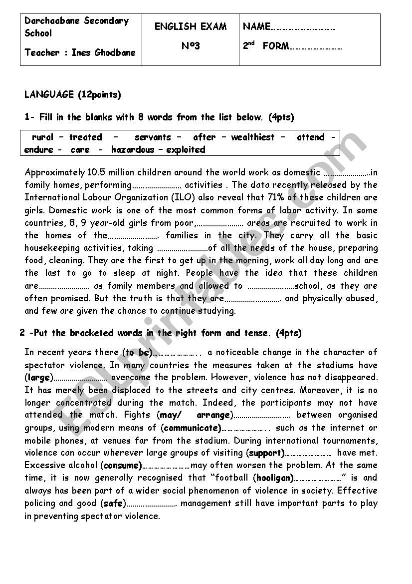 mid term test for 2nd formers worksheet