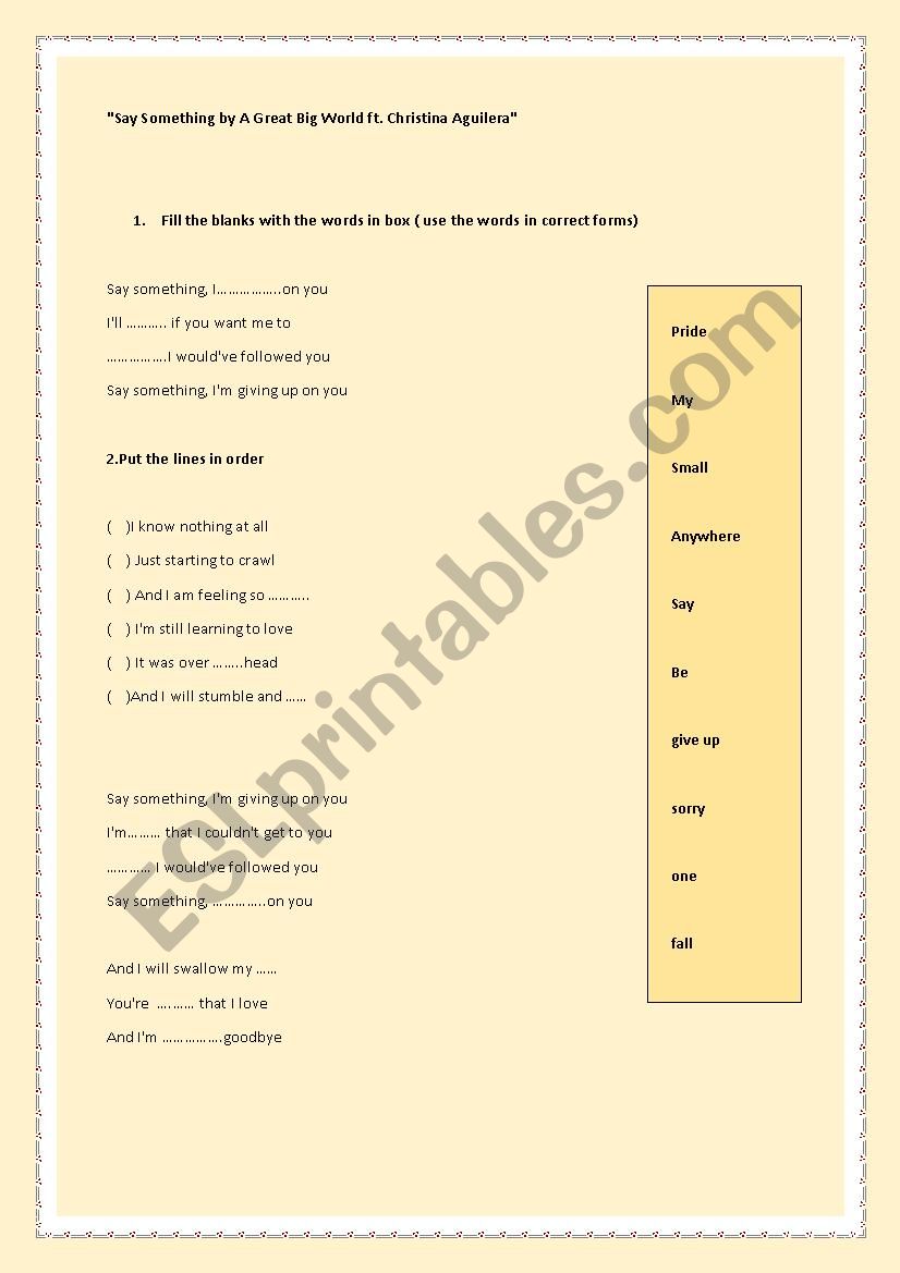 song worksheet Say something by Christina Aguilera