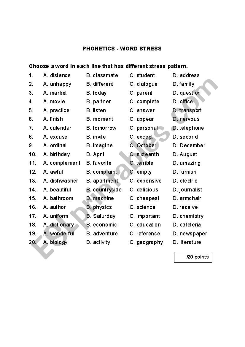 Phonetics - Word Stress 1 worksheet