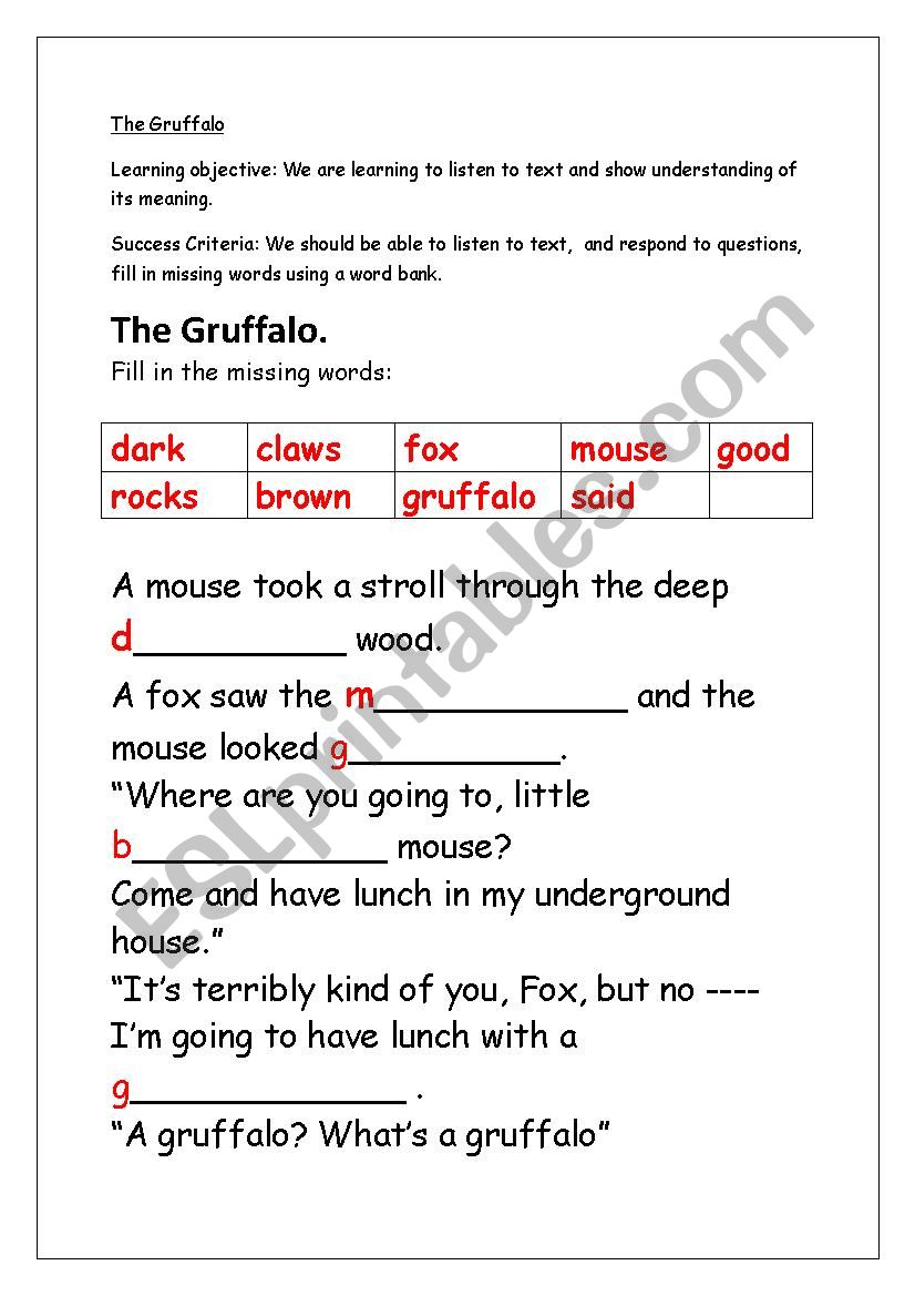 Gruffalo worksheet