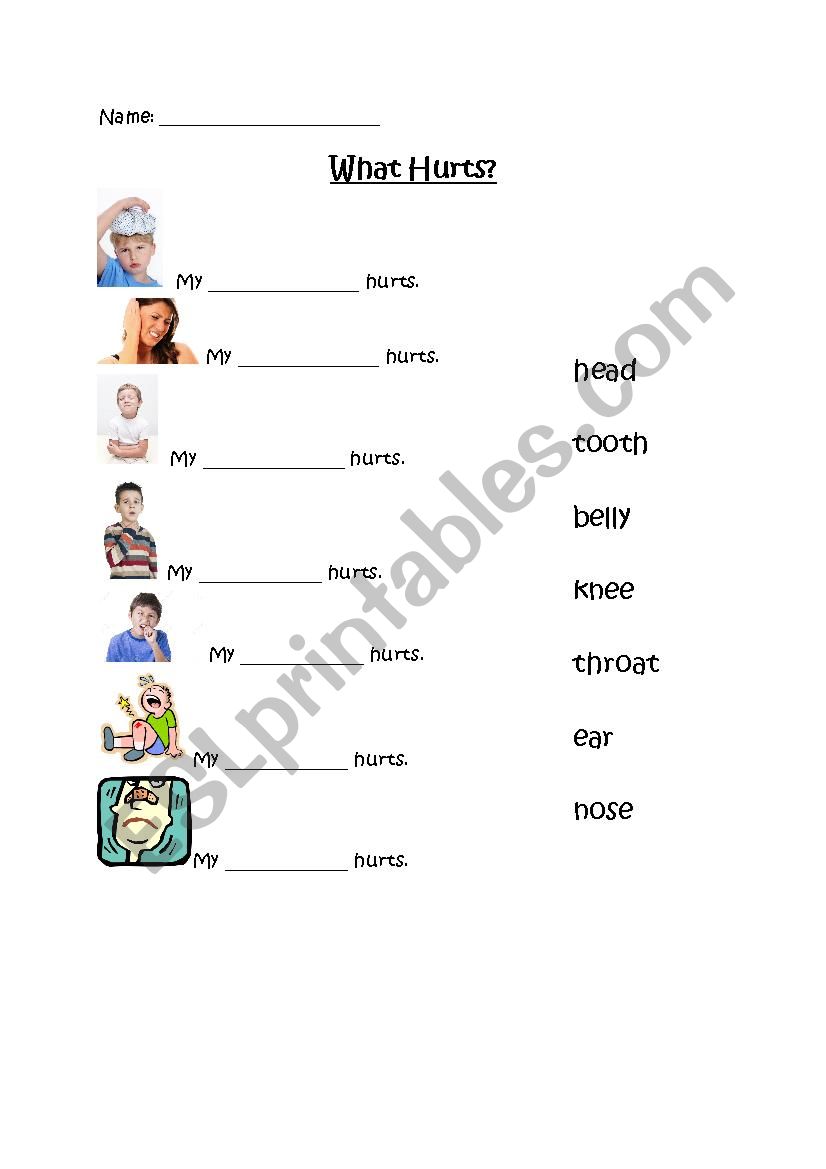 What hurts?  Cloze worksheet on ailments