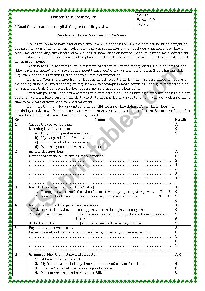 Winter Term Test Paper 9 form worksheet