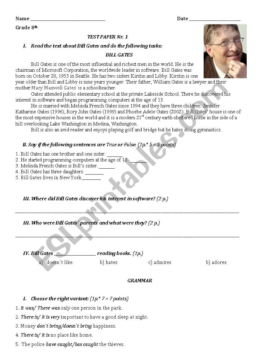 TEST PAPER Nr. 1, 8 form worksheet