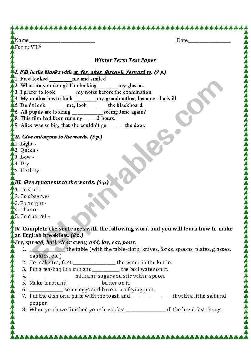 Winter Term Test Paper 7 form worksheet