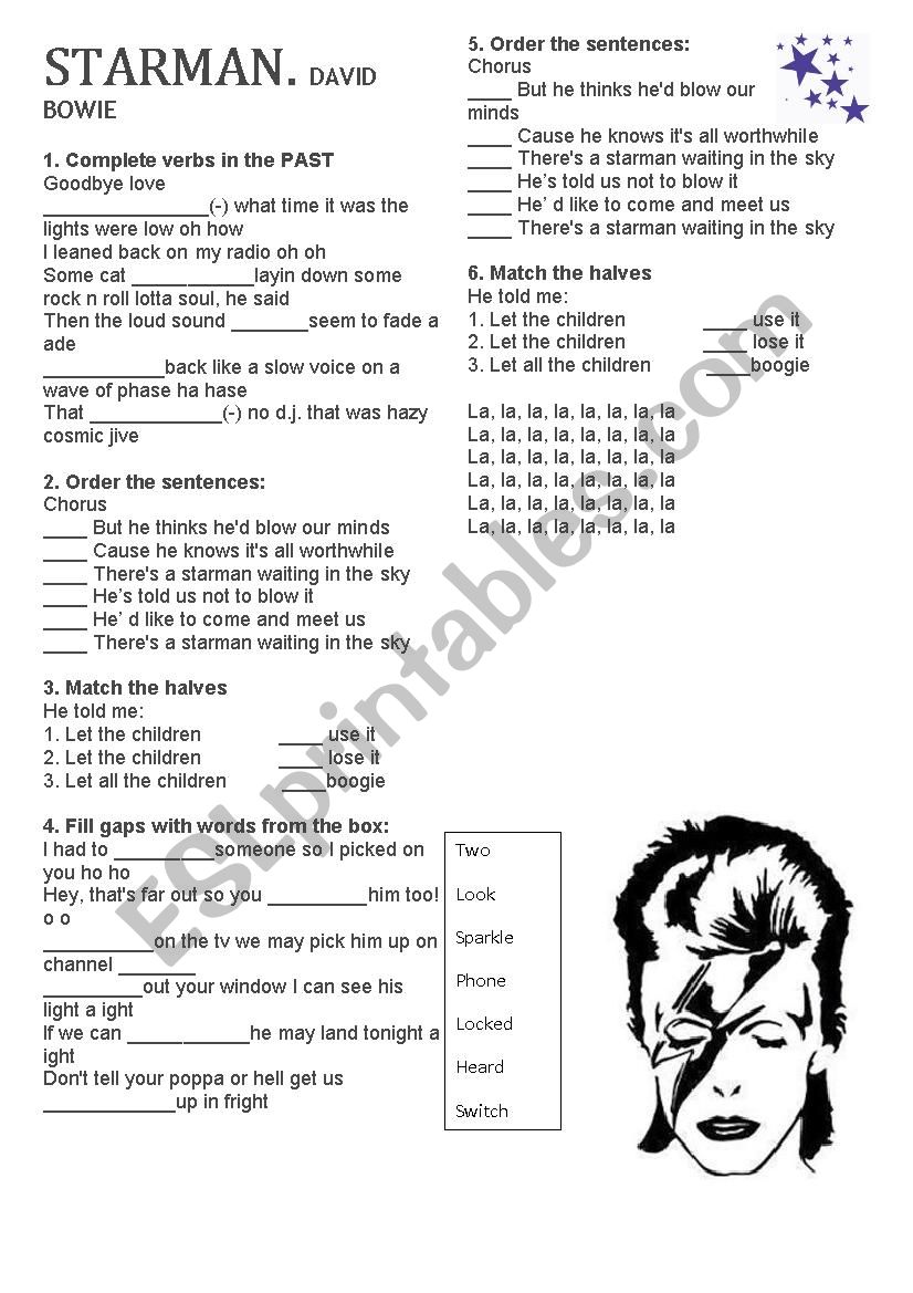 Starman David Bowie worksheet