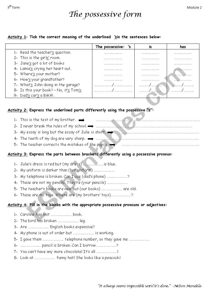 The possessive worksheet