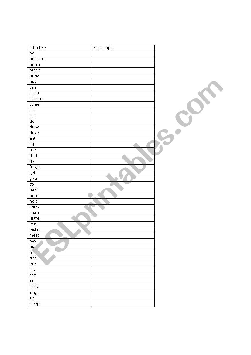 Irregular verbs test worksheet