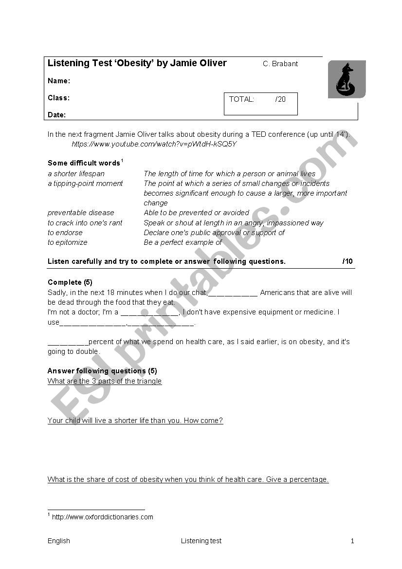 Obesity by Jamie Oliver worksheet