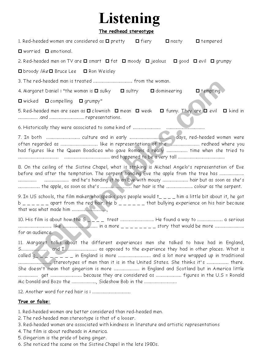 the redhead stereotype worksheet