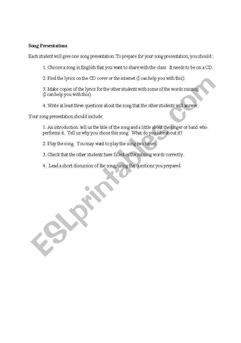 Song Presentation Requirements