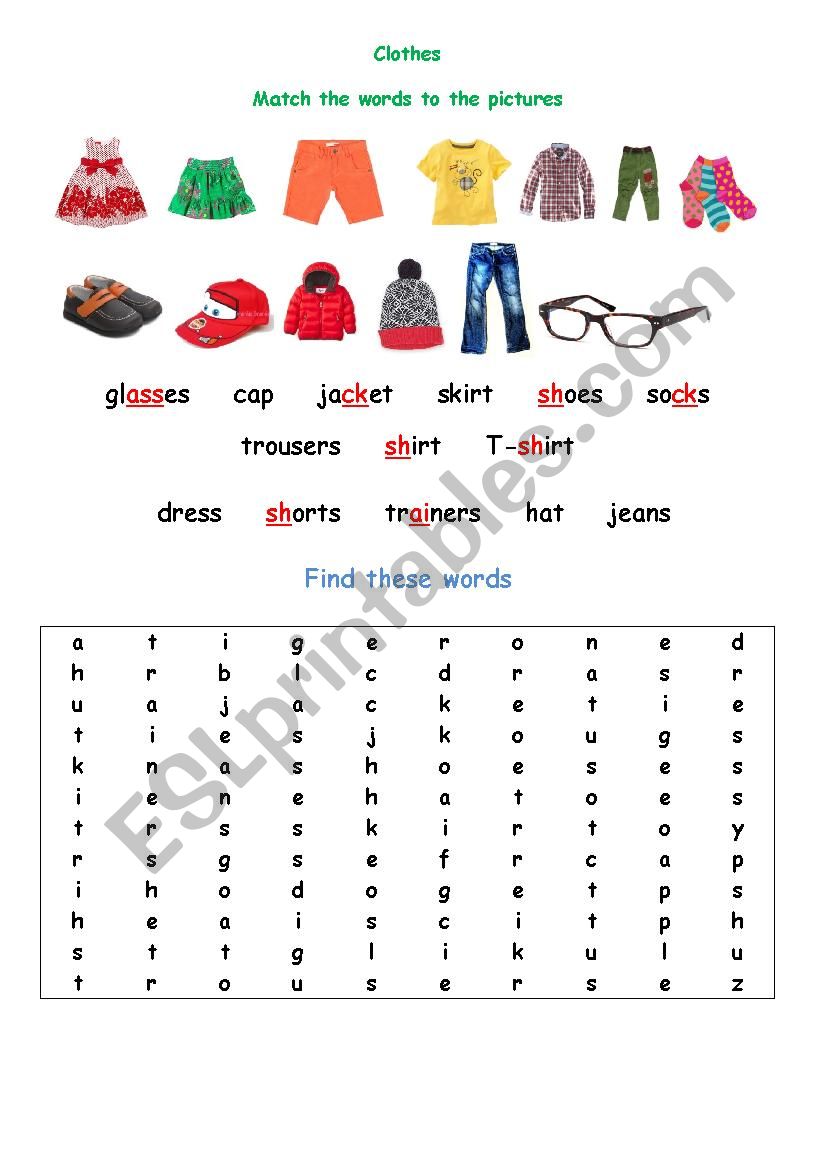 Clothes Wordsearch worksheet