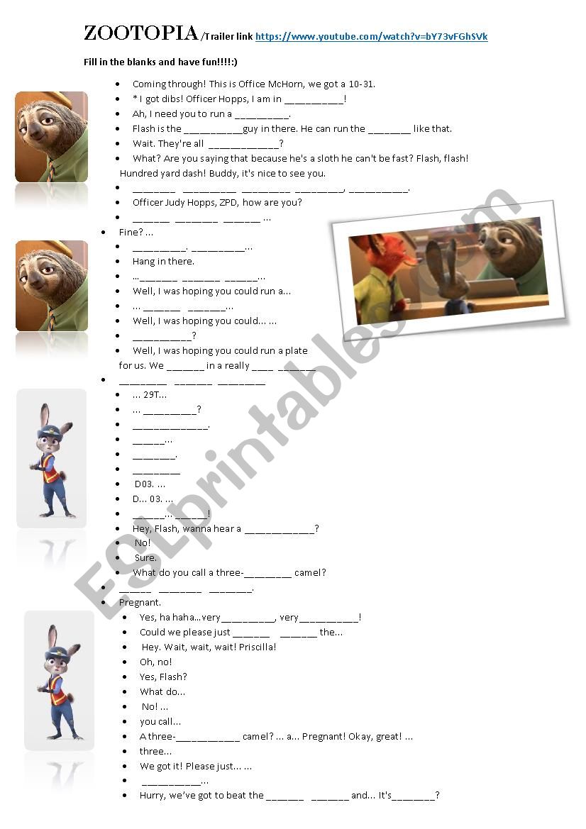 ZOOTOPIA TRAILER worksheet