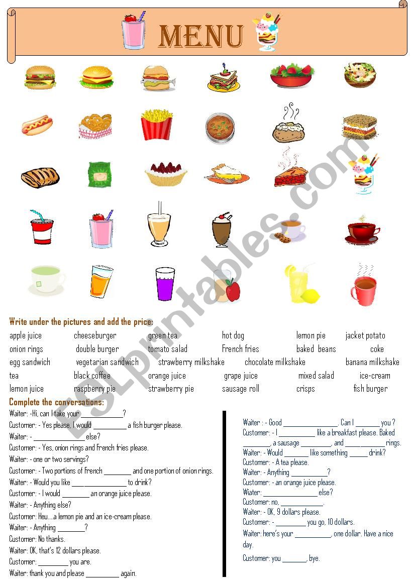 FAST FOOD MENU worksheet