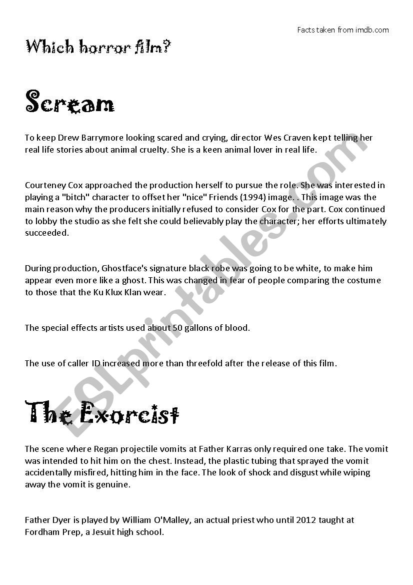 Which horror film? worksheet