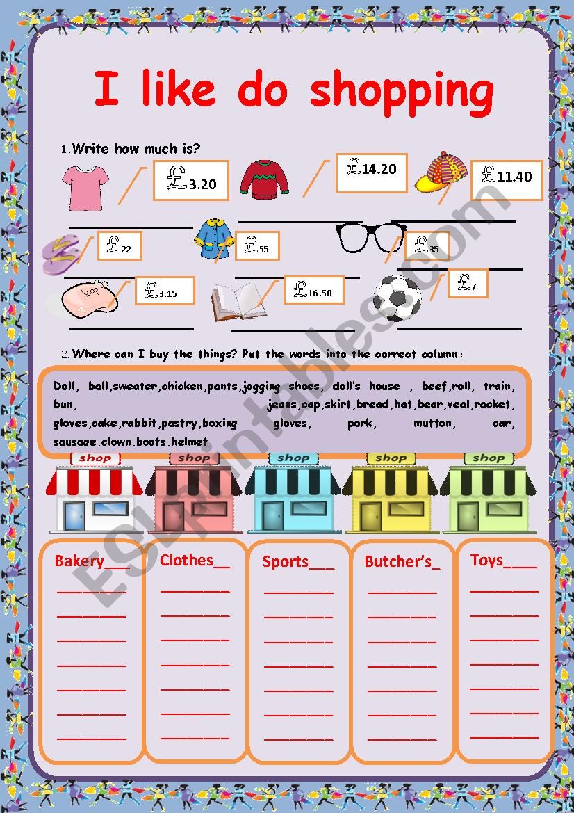 Shopping worksheet