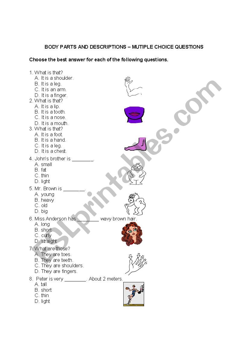 Body Parts and Descriptions - Multiple Choice Questions