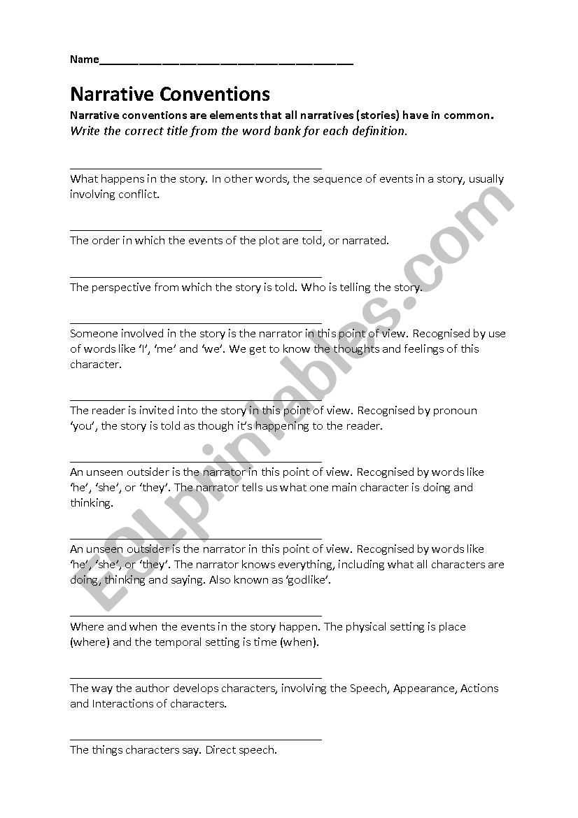 Narrative Conventions Worksheet